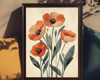 Watercolor Orange Flowers Framed Wall Art, Modern Floral Print, Ready to Hang