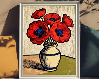 Red Flower Vase Art Print, Wood Framed Wall Poster Decor