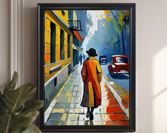Rainy City Street Scene Painting Print | Wood Framed Wall Art Poster Home Decor