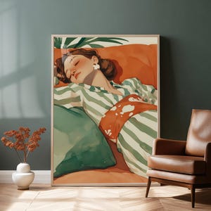 Gelassene schlafende Frau Kunst druckbare digitaler Download, entspannender Moment Illustration, ruhige Wandkunst, modernes Wohndekor, herunterladbare Wandkunst