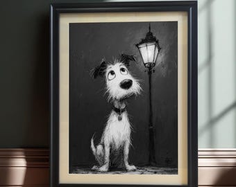 Cartoon Puppy Art Print: Wood Framed Black and White Dog Wall Decor