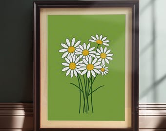 Modern Minimalist Daisy Flower Print | Wood Framed Botanical Poster Wall Decor