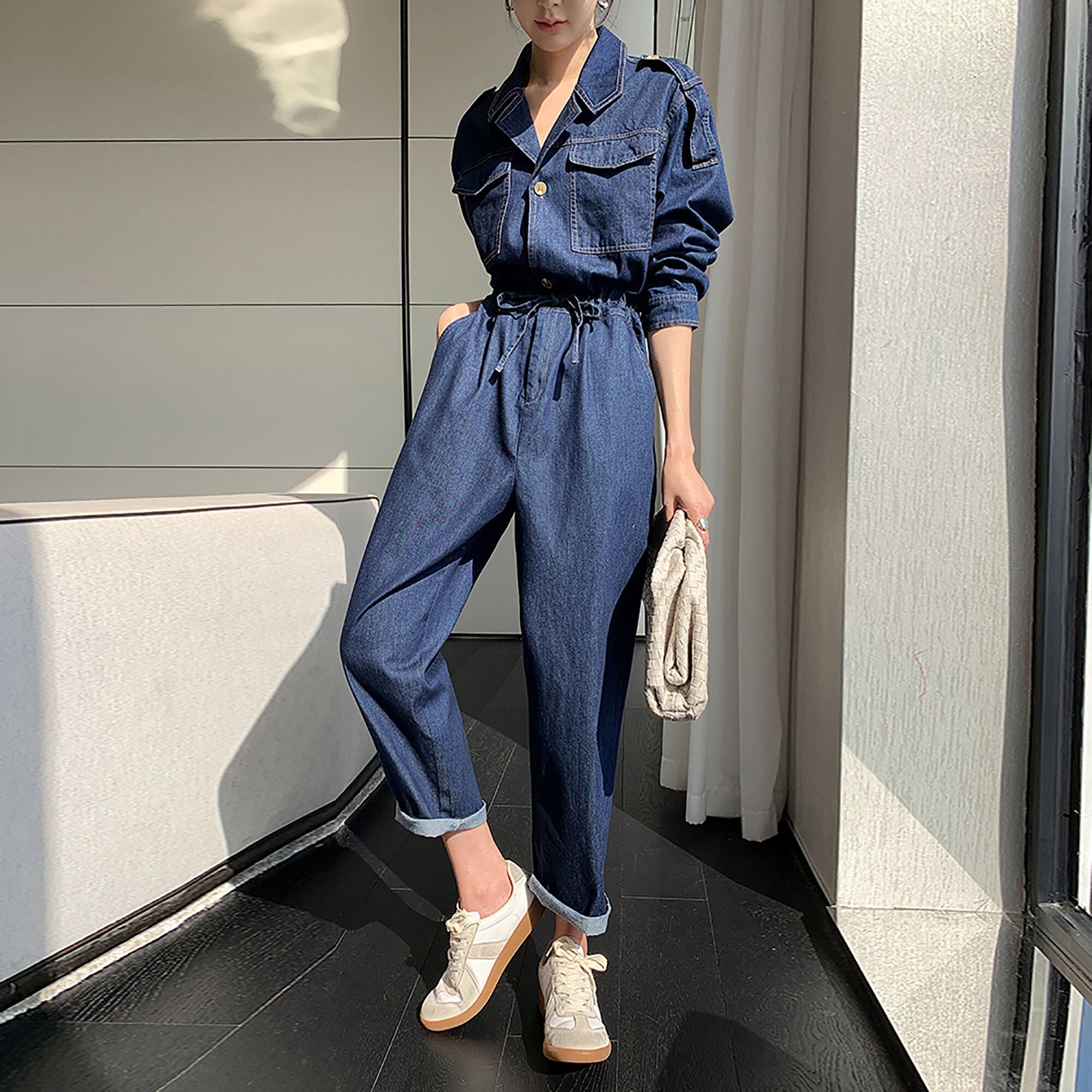 jumpsuit, black jumpsuit, denim, long sleeves, white sneakers