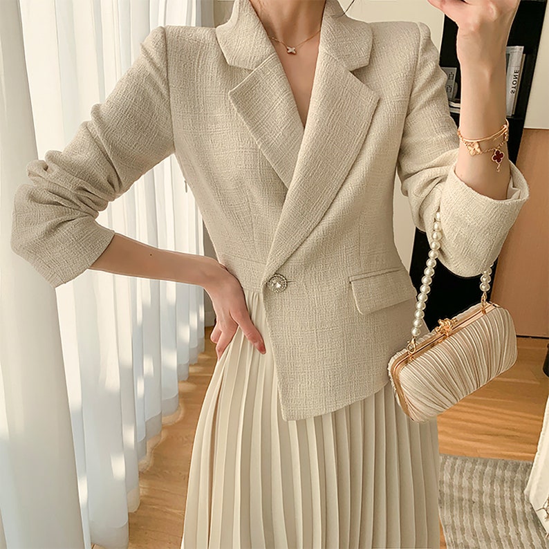 Women Beige Blazer Dresstweed Blazer Pleated Dresstrench Etsy