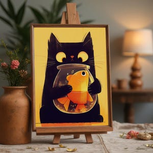 Big Eyed Cat with Fish Bowl Wall Art Printable - Playful Kitten Digital Print - Charming Pet Lover Decor - Modern Animal Art Printable