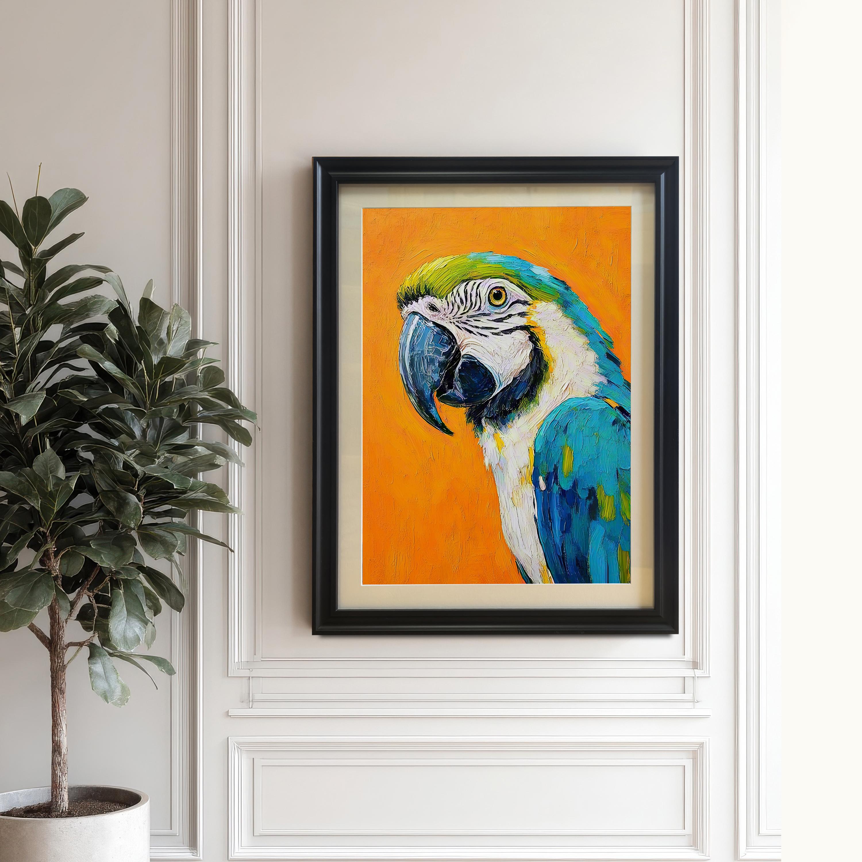 カラフルなコンゴウインコの絵画プリント、木製フレームの壁アート