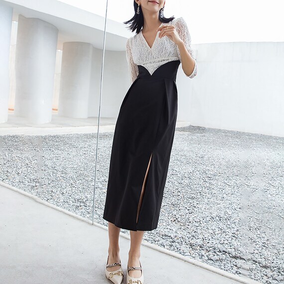 Women Lace Long Midi Dressblack Long Dresssemi Formal Etsy