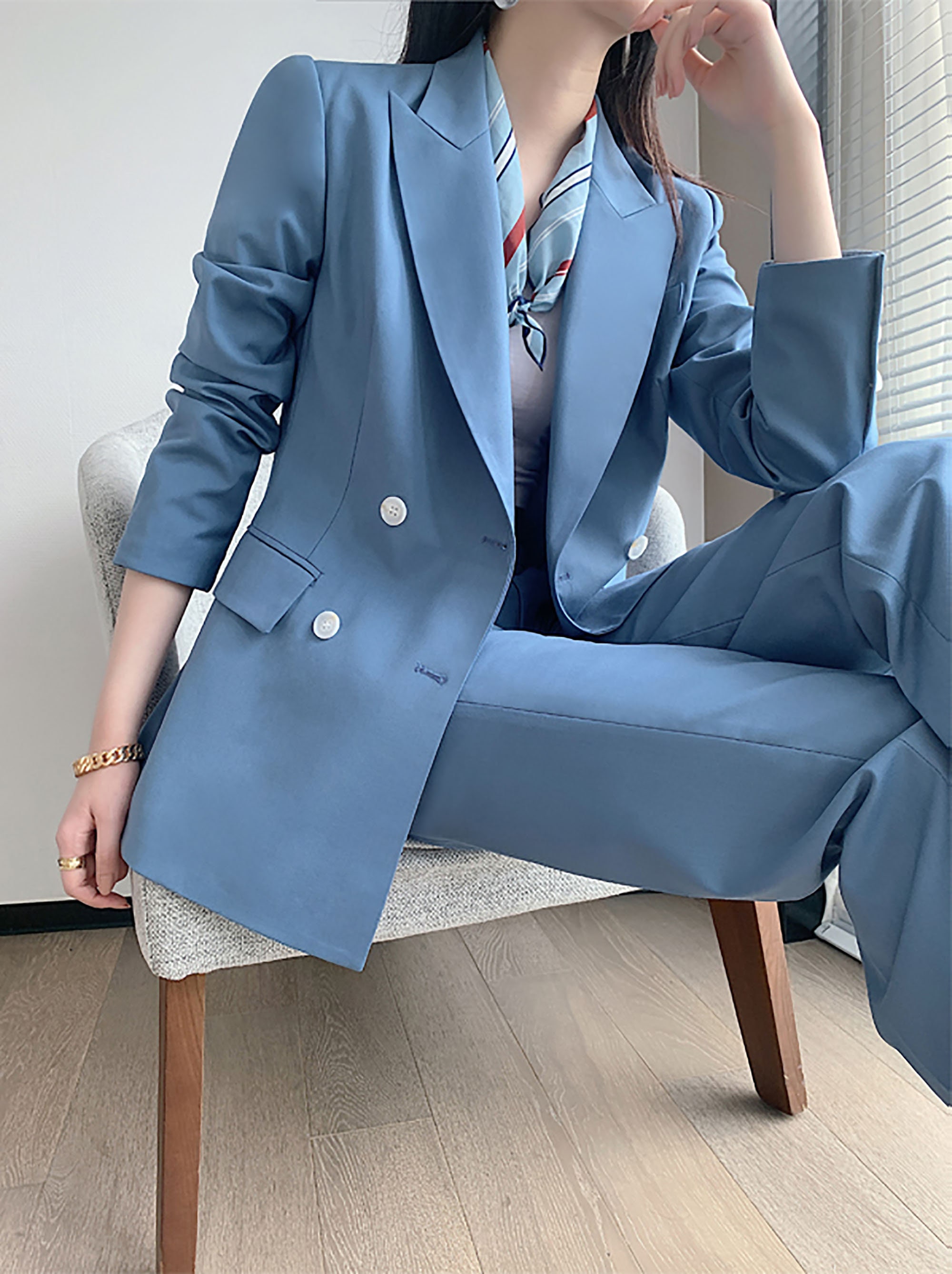 Women's Blue Pantsuit Setsblazer and Wide Leg Pants Suit - Etsy