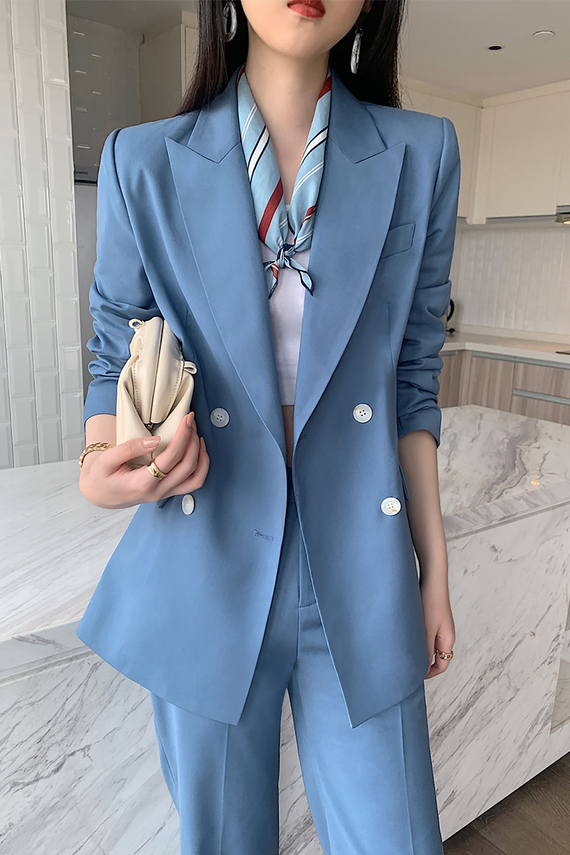 Women's Blue Pantsuit Setsblazer and Wide Leg Pants Suit - Etsy