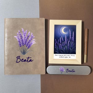 Lavendel Mond Kunstdruck Rahmen, personalisierte Gruß Geschenkbox, Leder Journal, Gelstift, einzigartiges Geschenk für sie, denke an Sie Geschenk