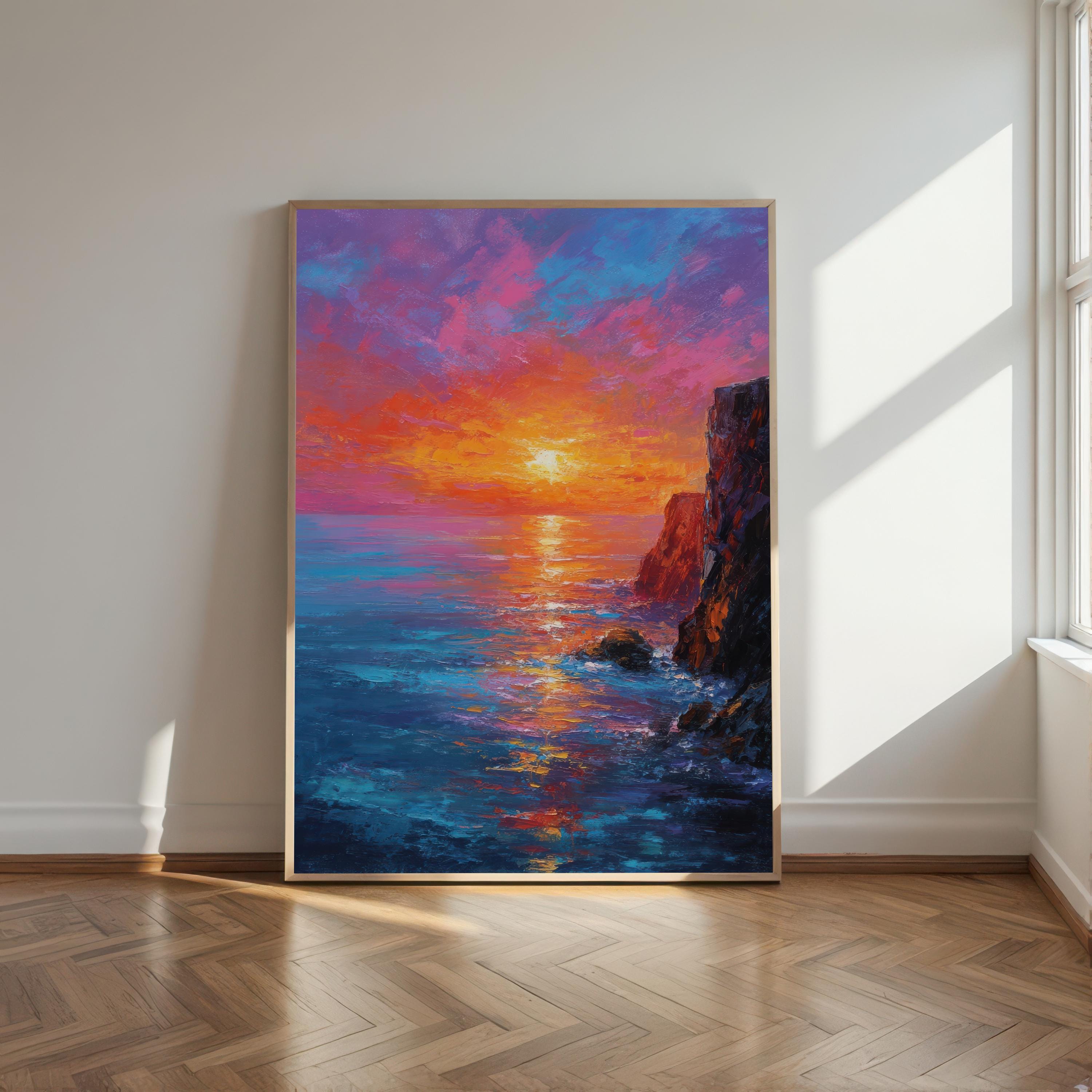Coastal Sunset Impressionist Painting: Vibrant Seascape Art Print (Digital Download