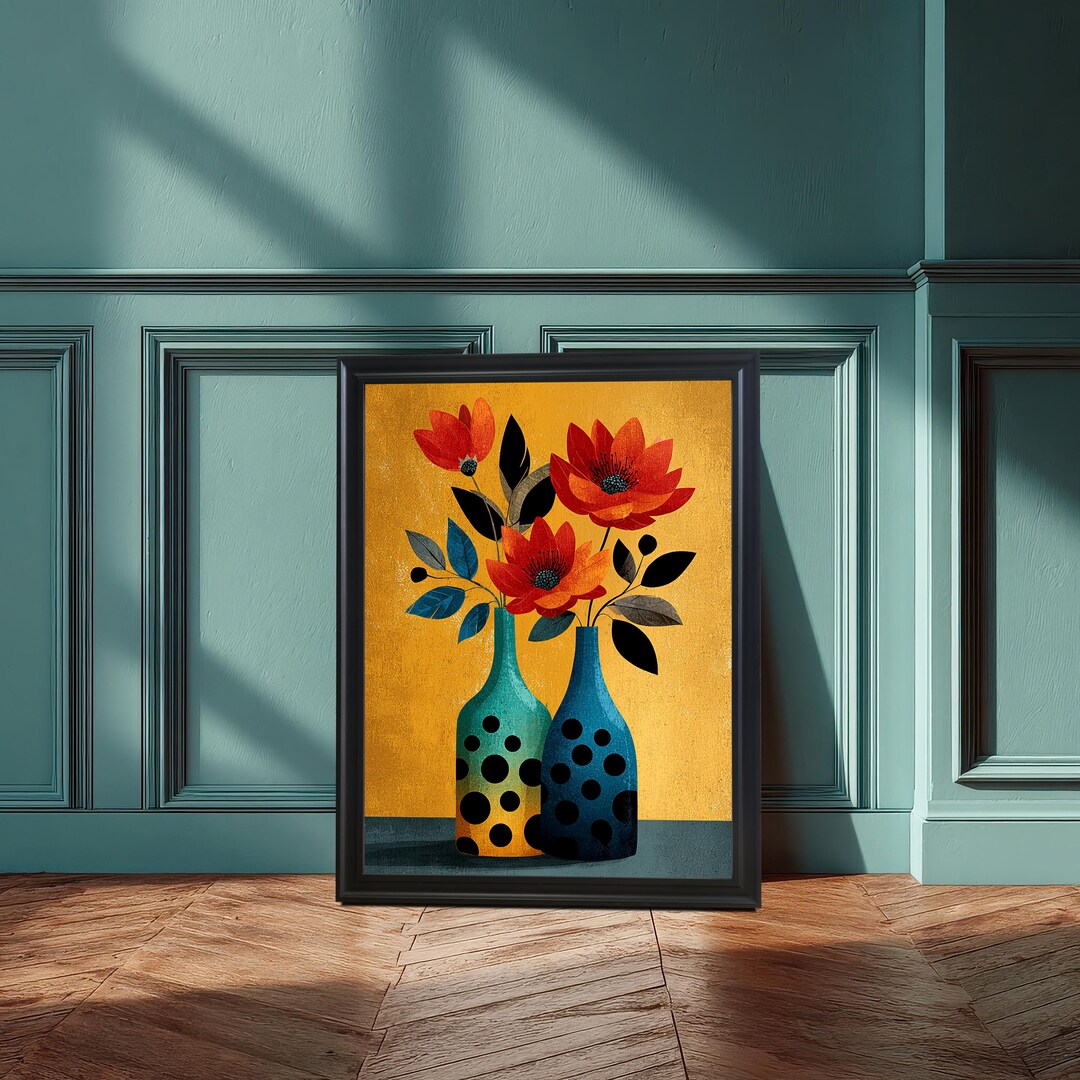 Abstract Floral Vase Framed Wall Art Print, Modern Colorful Flower ...