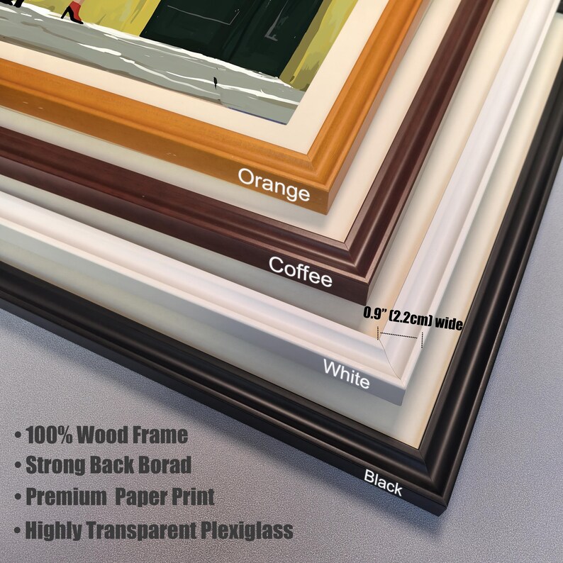 A close-up, angled shot of four different wood frames for the wall art. The frames are labeled "Orange," "Coffee," "White," and "Black." Text on the image describes the frames as "100% Wood Frame," "Strong Back Borad," "Premium Paper Print," and "Highly Transparent Plexiglass," with a dimension of "0.9" (2.2cm) wide."