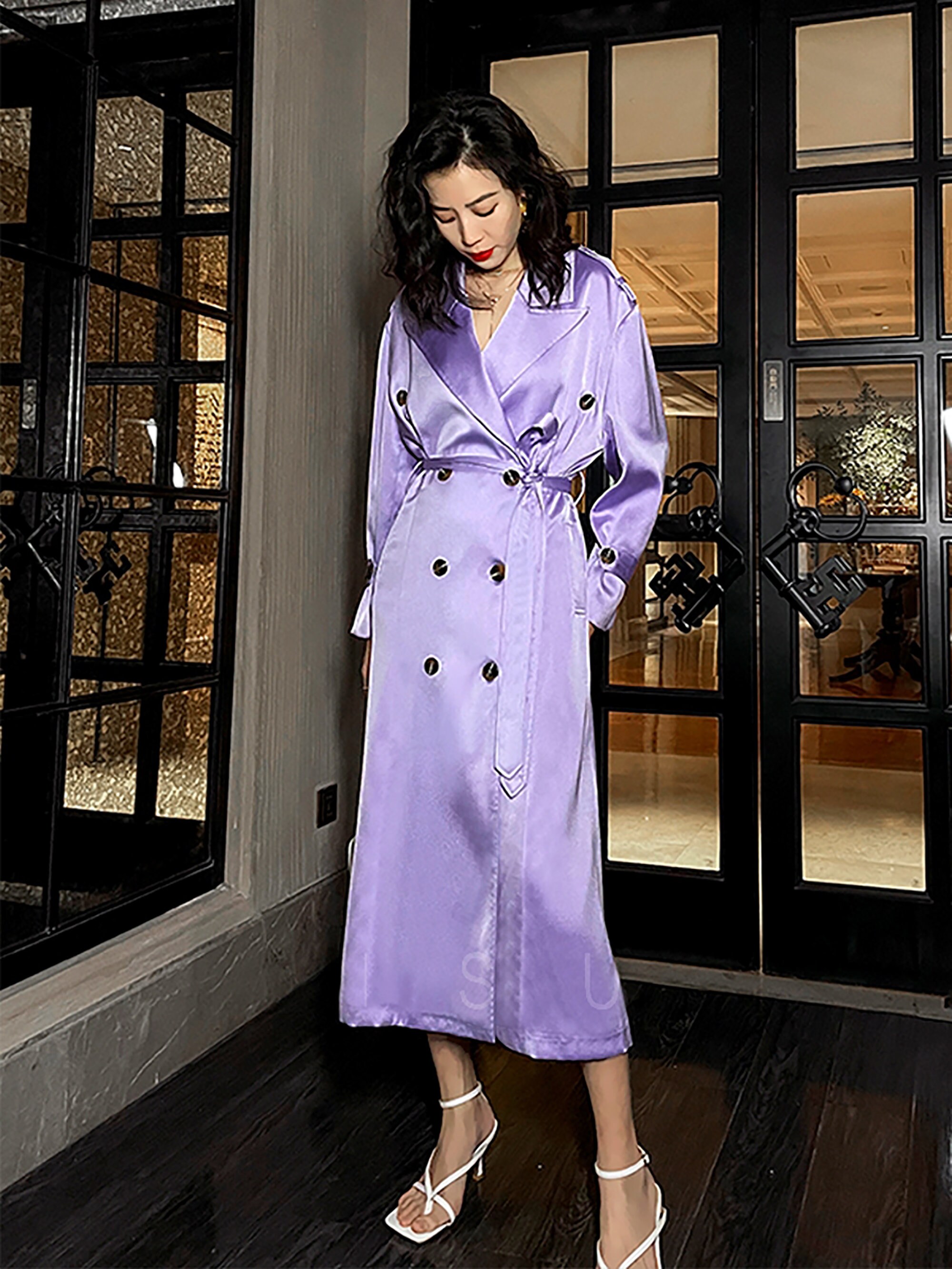 White Classic Satin Long Trench Dressdouble-breasted Suit - Etsy ...
