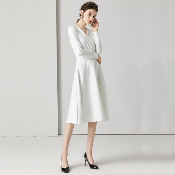 Selectiekader horizon Huiskamer Witte jurk met lange mouwen formele midi jurk semi-formele - Etsy België