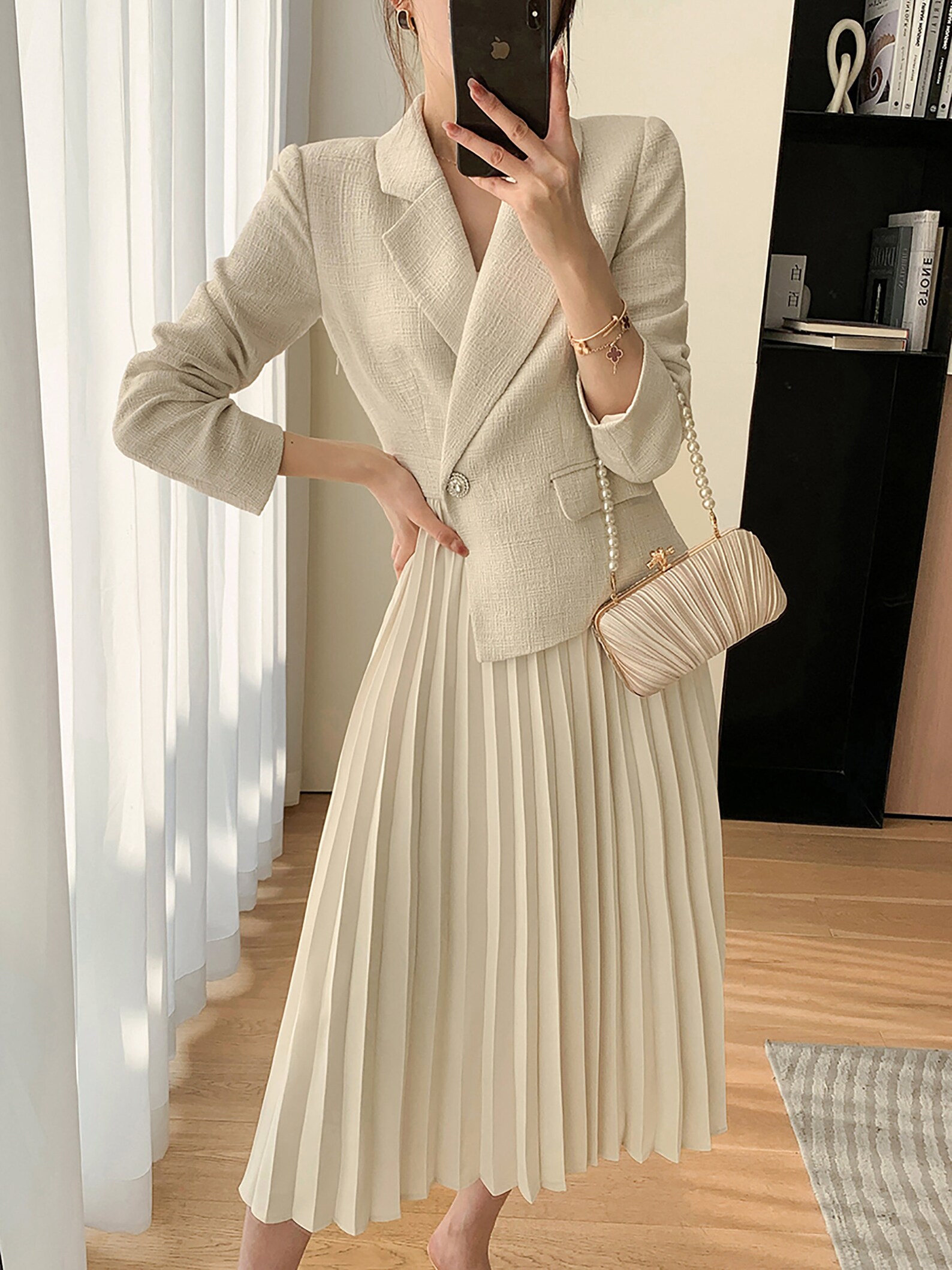 Women Beige Blazer Dresstweed Blazer Pleated Dresstrench Etsy