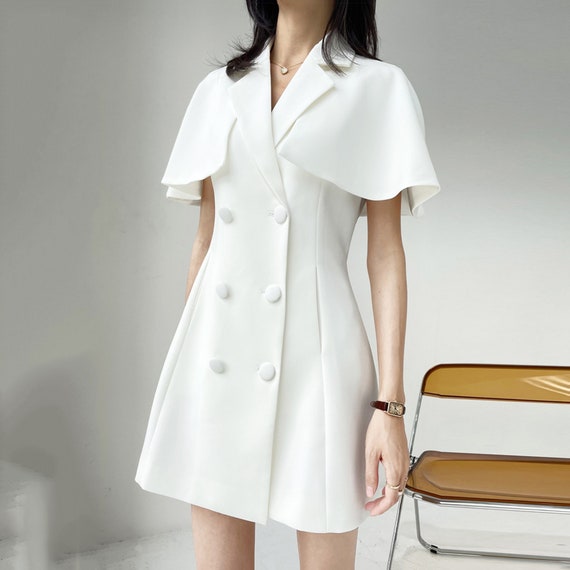 Women White Suit dress,2 Piece Set,Double-breasted Trench Dress,Blazer Cloak Suit Dress,white Blazer dress,Office Lady Set,Women Formal Wear