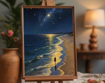 Starry Night Beach Print: Celestial Ocean Seascape Art (Digital Download