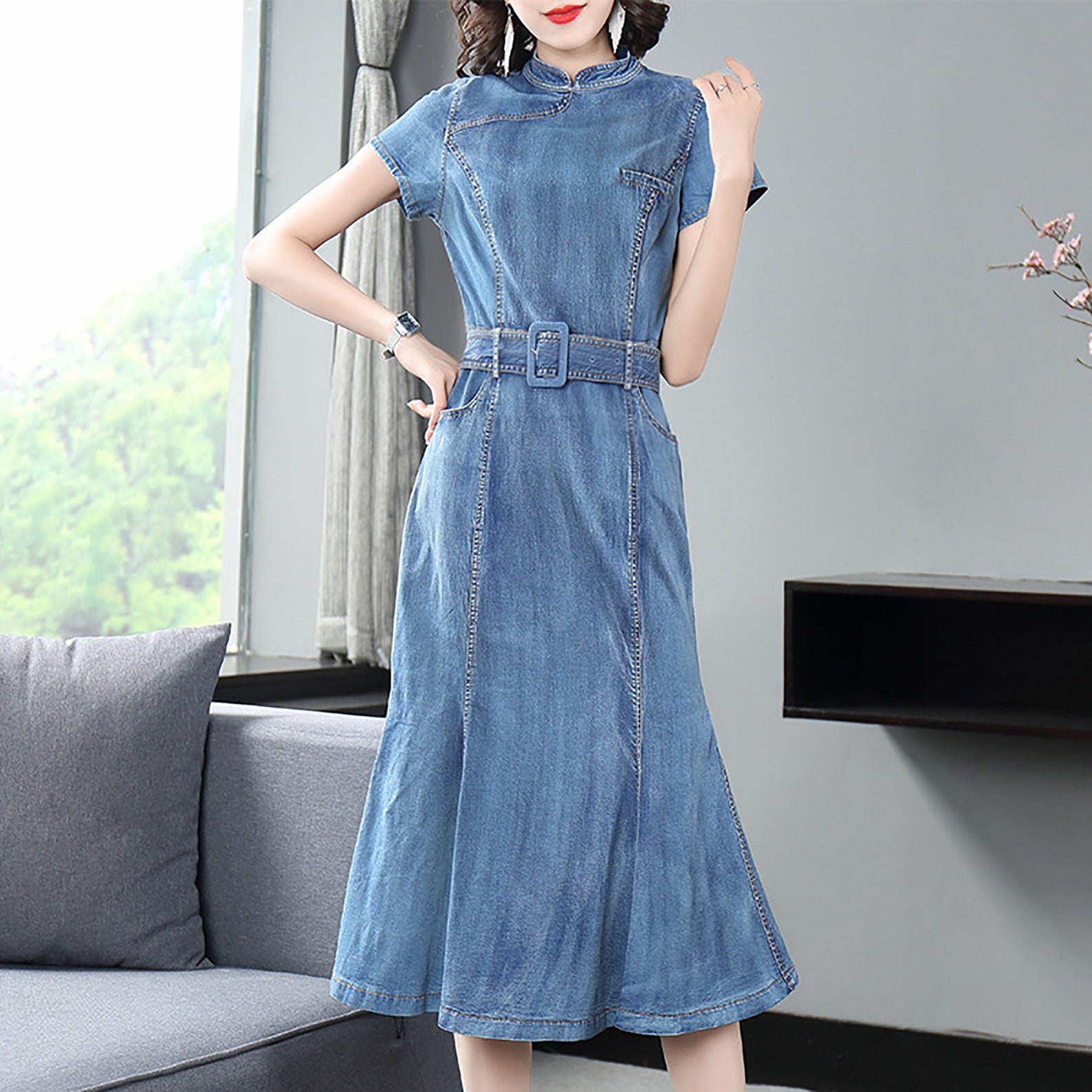 Women's Blue Denim Dressslim Fitted Midi Dressstretchy Etsy
