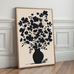 Impresión artística digital con silueta de jarrón de ramo floral negro / Decoración de pared botánica minimalista imprimible / Arte floral abstracto / Descarga instantánea
