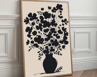 黒の花のシルエットのアートプリント：ミニマリストな植物の花瓶（デジタルダウンロード）