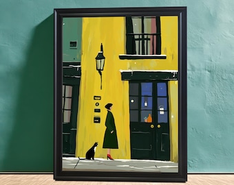 City Street Scene Framed Art Print: Woman, Cat, Yellow Building