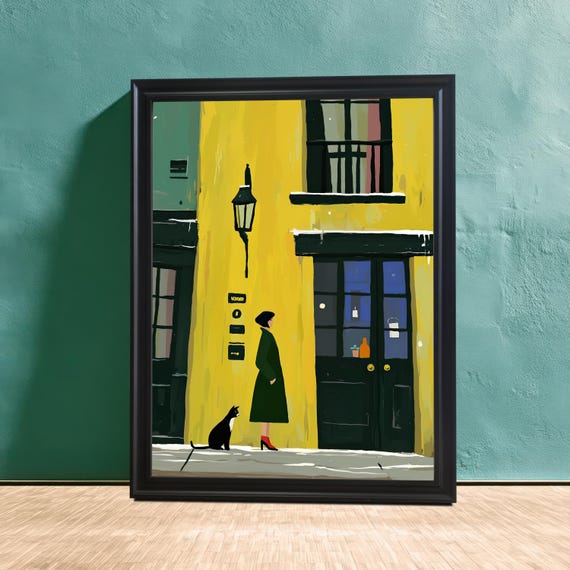 City Street Scene Framed Art Print: Woman, Cat, Yellow Building