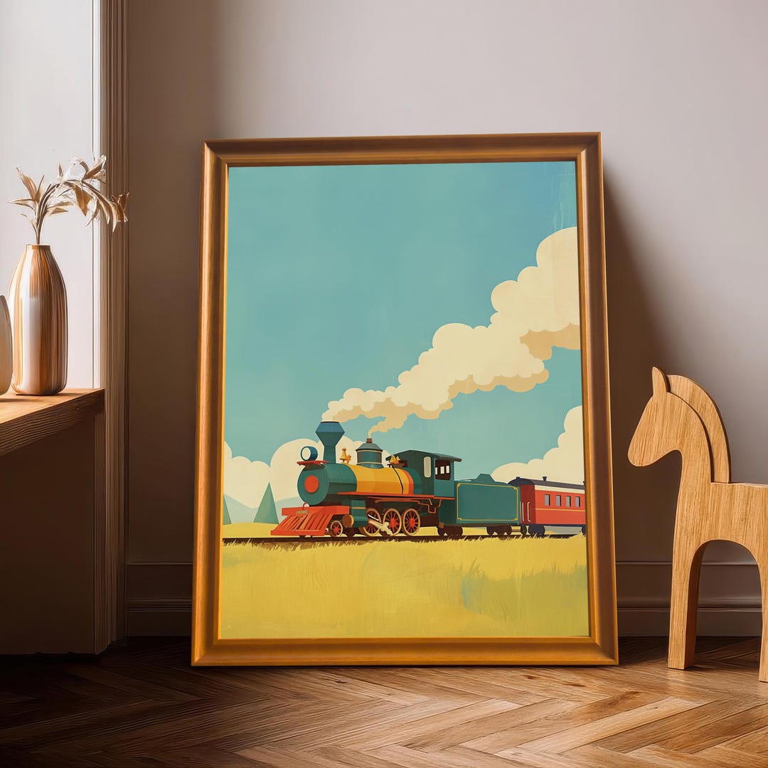Retro Train Locomotive Wood Framed Wall Art Giclée Print for Kids Room ...