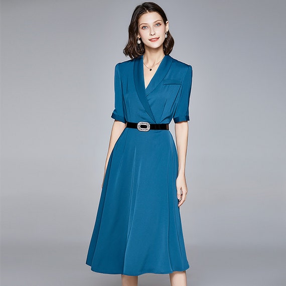 Blue Short Sleeve Belted Blazer Dress Summer Dress Fit and | Etsy