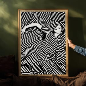 Hypnotic Striped Figure Art Printable | Black & White Optical Illusion Print | Modern Abstract Female Digital Download | Lady Wall Art