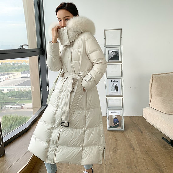 Women Real Fox Fur Hood White Long Down Coatblack Hooded Long | Etsy