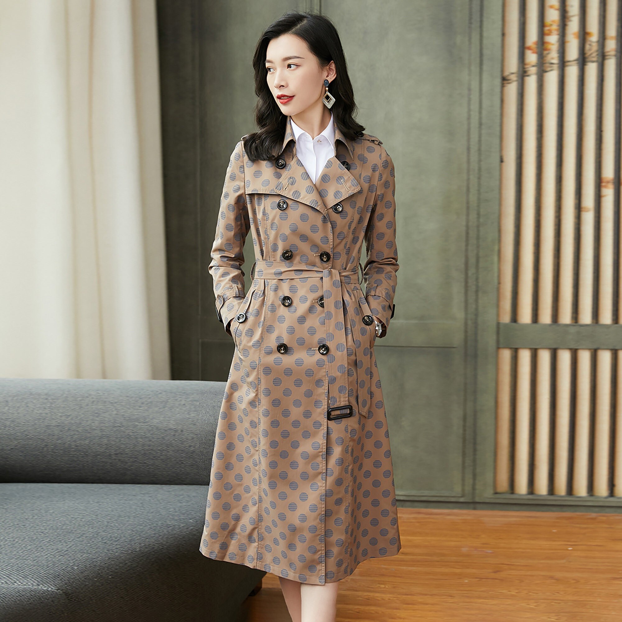 Custom Trench Coatcoffee Dots Trench Jacketblack Long - Etsy
