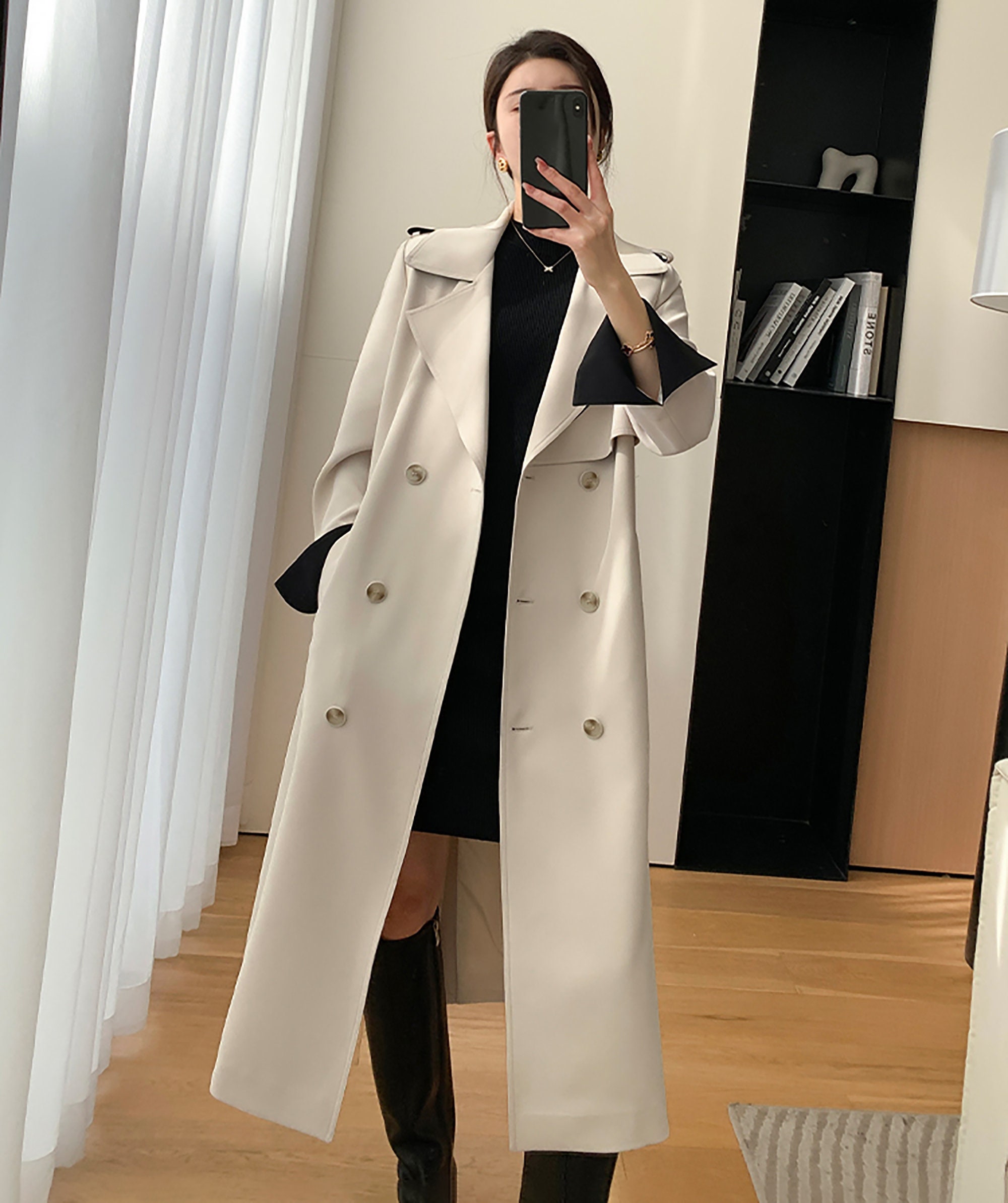 ebossy Women's Convertible Collar Double Breasted Long Wool Trench Coat Overcoat with Belt 