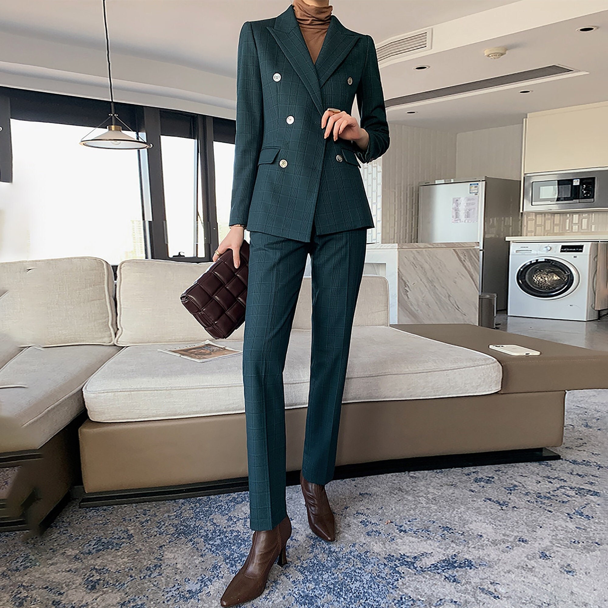 dark green pants suit women's