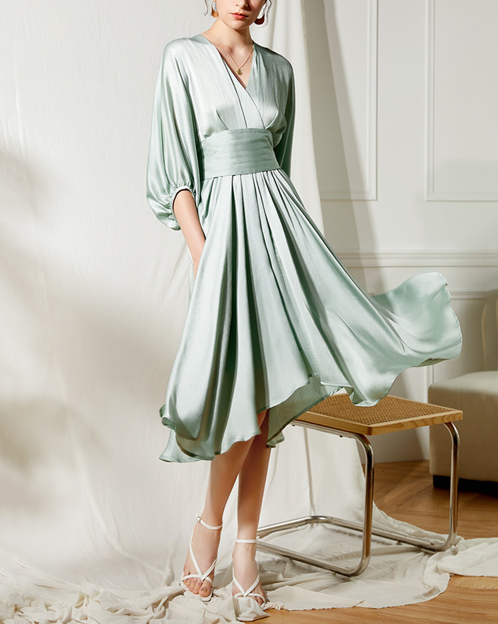 Mint Green Puff Sleeve V Neck Belted Cocktail Dress Evening Etsy
