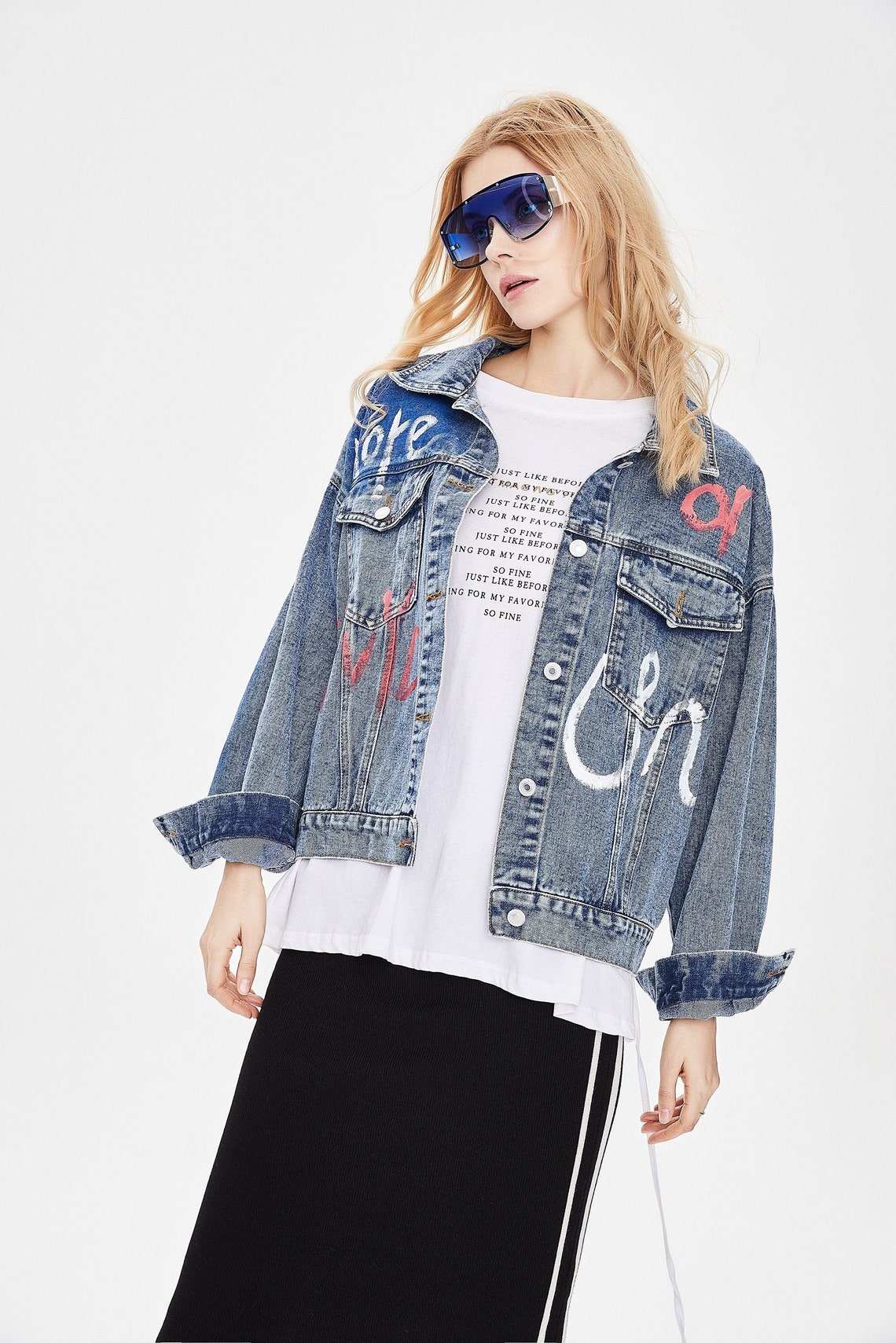 Graffiti Printed Denim Jacket Etsy