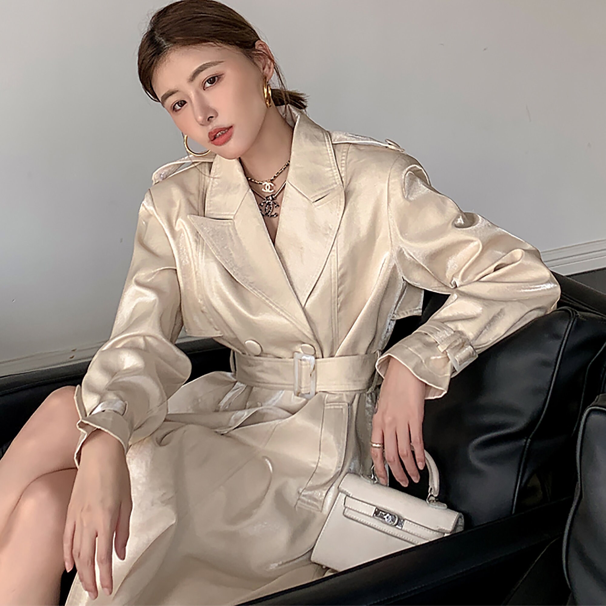 White Classic Satin Long Trench Dressdouble-breasted Suit - Etsy ...