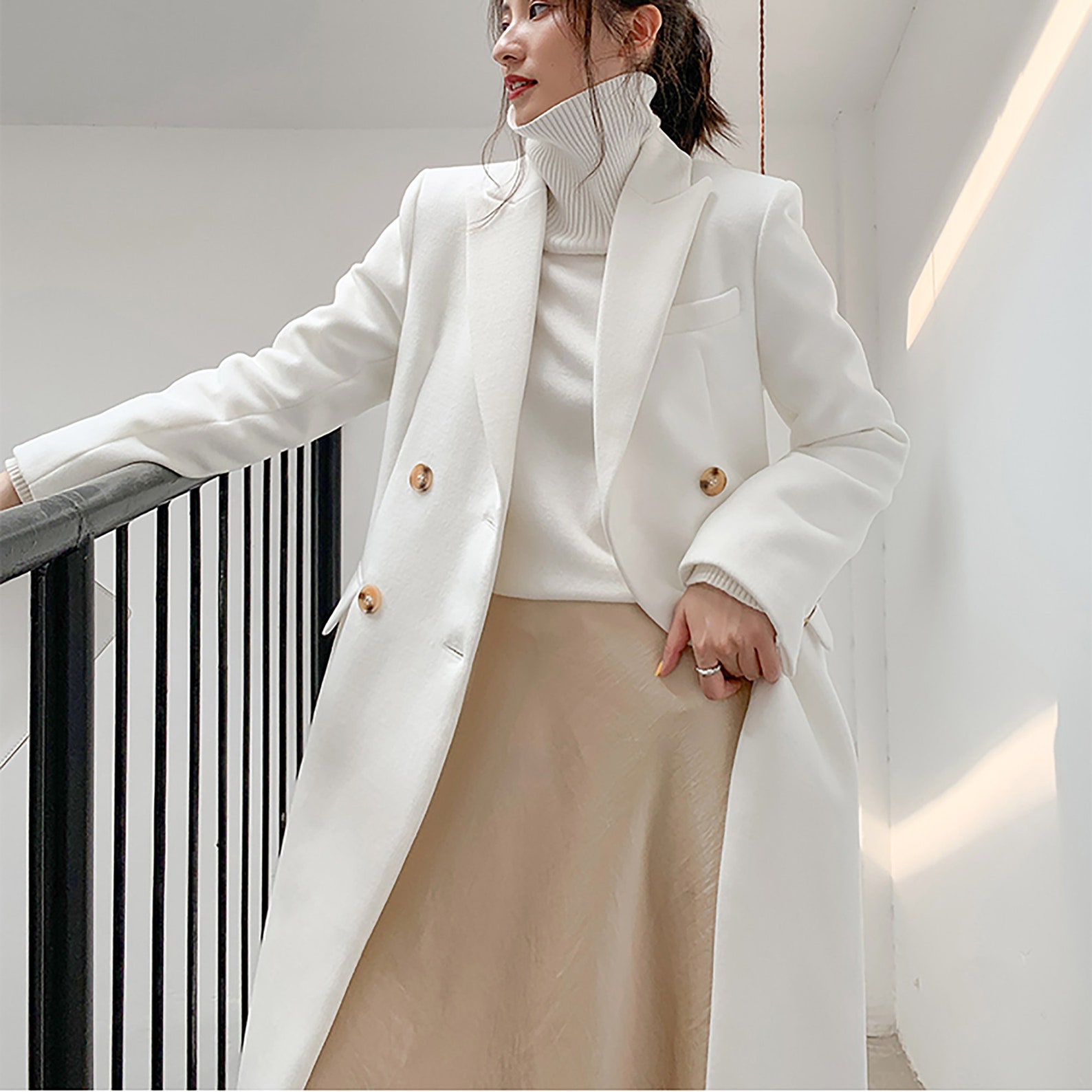 Women White Long Wool Coatwhite Wool Coatwedding Coatwomen Etsy