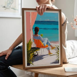 Coastal Serenity Female Art Print | Woman Relaxing by the Ocean Art Printable | Vibrant Beach House Digital Download | Tropical Sea View