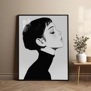 Minimalistische Frau mit kurzem Haar Porträt schwarz und weiß Kunst druckbare, schicke minimalistische digitale Download heitere Figur Wandkunst Dekor