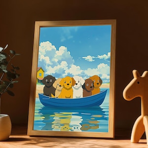 Cute Puppies in a Boat Art Printable | Playful Dog Wall Decor | Beach House Nautical Illustration | Instant Download Digital Art