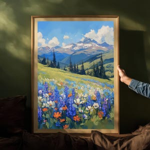 Wildflower Meadow Mountain Art Printable | Colorful Alpine Landscape Print Wall Art | Serene Nature Digital Art for Rustic Home Decor