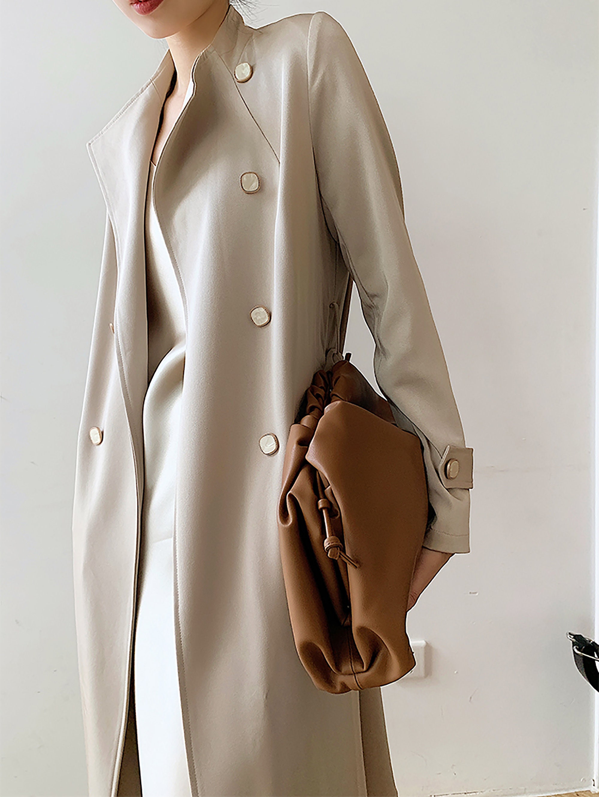 Women's Beige Satin Trench Coatkhaki Contrast Double - Etsy