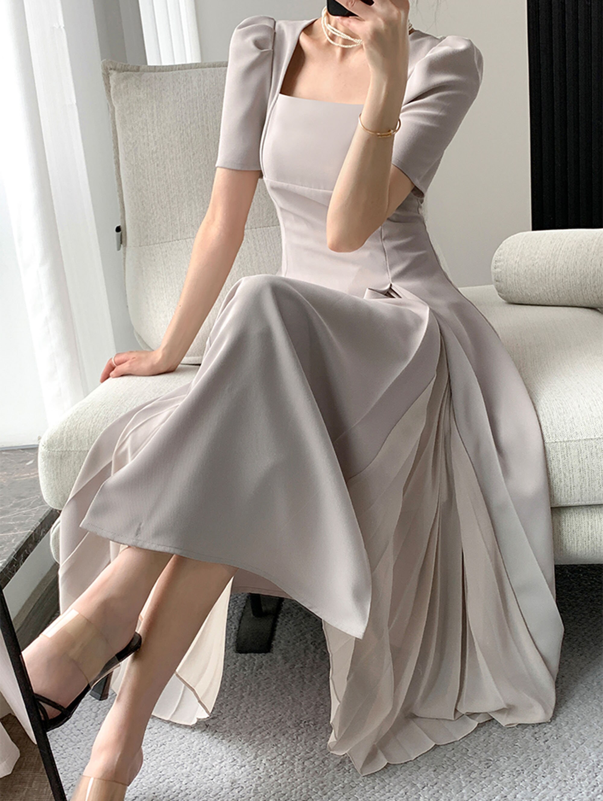 Cream Long Dresspleated Dressivory Midi Dressbusiness Woman Etsy