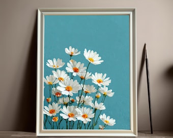 White Daisies Painting Print, Wood Framed Floral Wall Art Decor