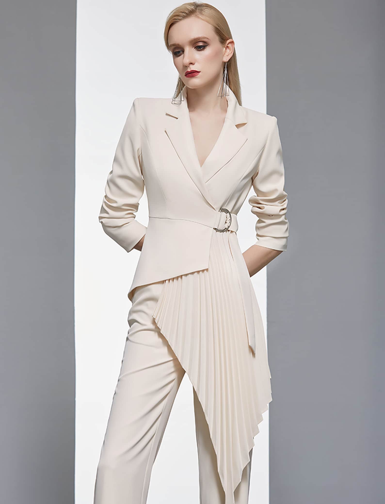 Women Beige Pleated Blazer Pants Set Suit2piece Blazer Etsy