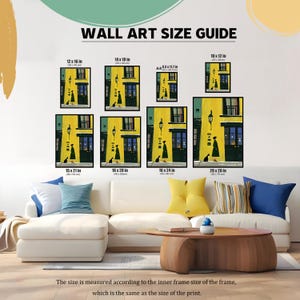 A "WALL ART SIZE GUIDE" showing different sizes of the framed print displayed on a couch. The sizes are listed in inches and centimeters: 12x16 (30x40 cm), 14x18 (35x45 cm), A4 (8.3x11.7 in), 10x12 (25x30 cm), 15x21 (38x53 cm), 16x20 (40x50 cm), 16x24 (40x60 cm), and 20x28 (50x70 cm).