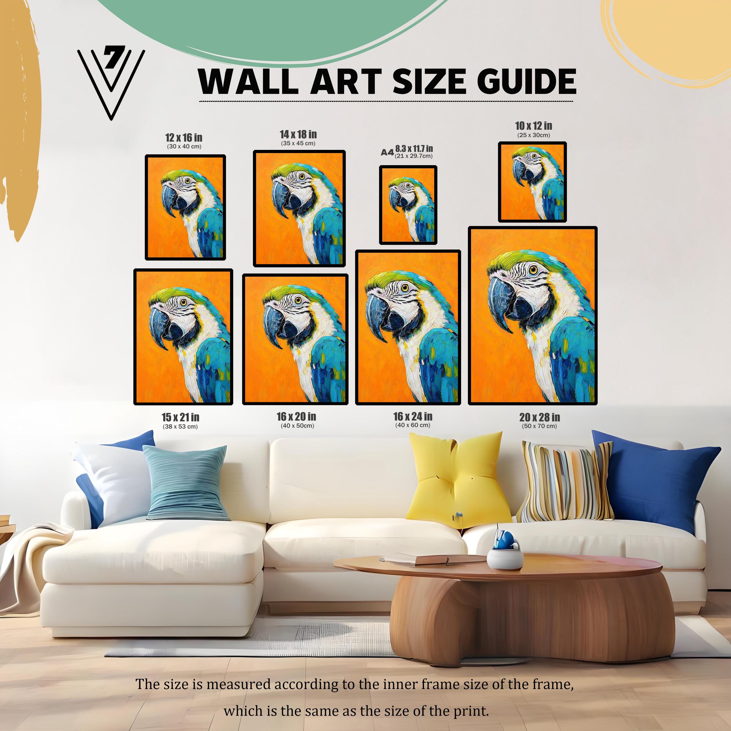 カラフルなコンゴウインコの絵画プリント、木製フレームの壁アート