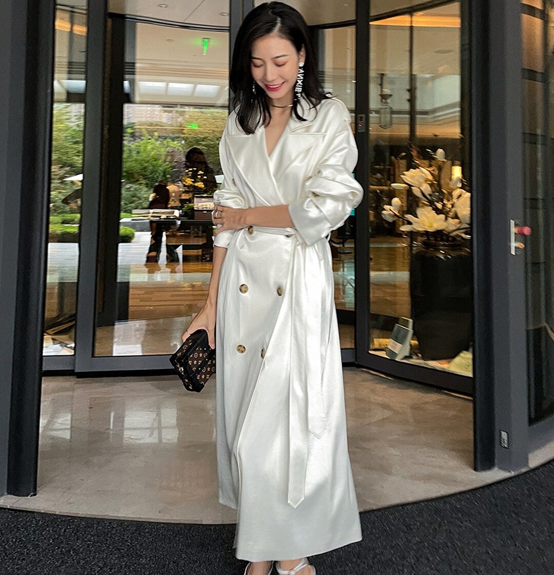 White Classic Satin Long Trench Dressdouble-breasted Suit - Etsy Canada