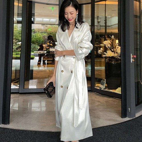 White Classic Satin Long Trench Dressdouble-breasted Suit - Etsy